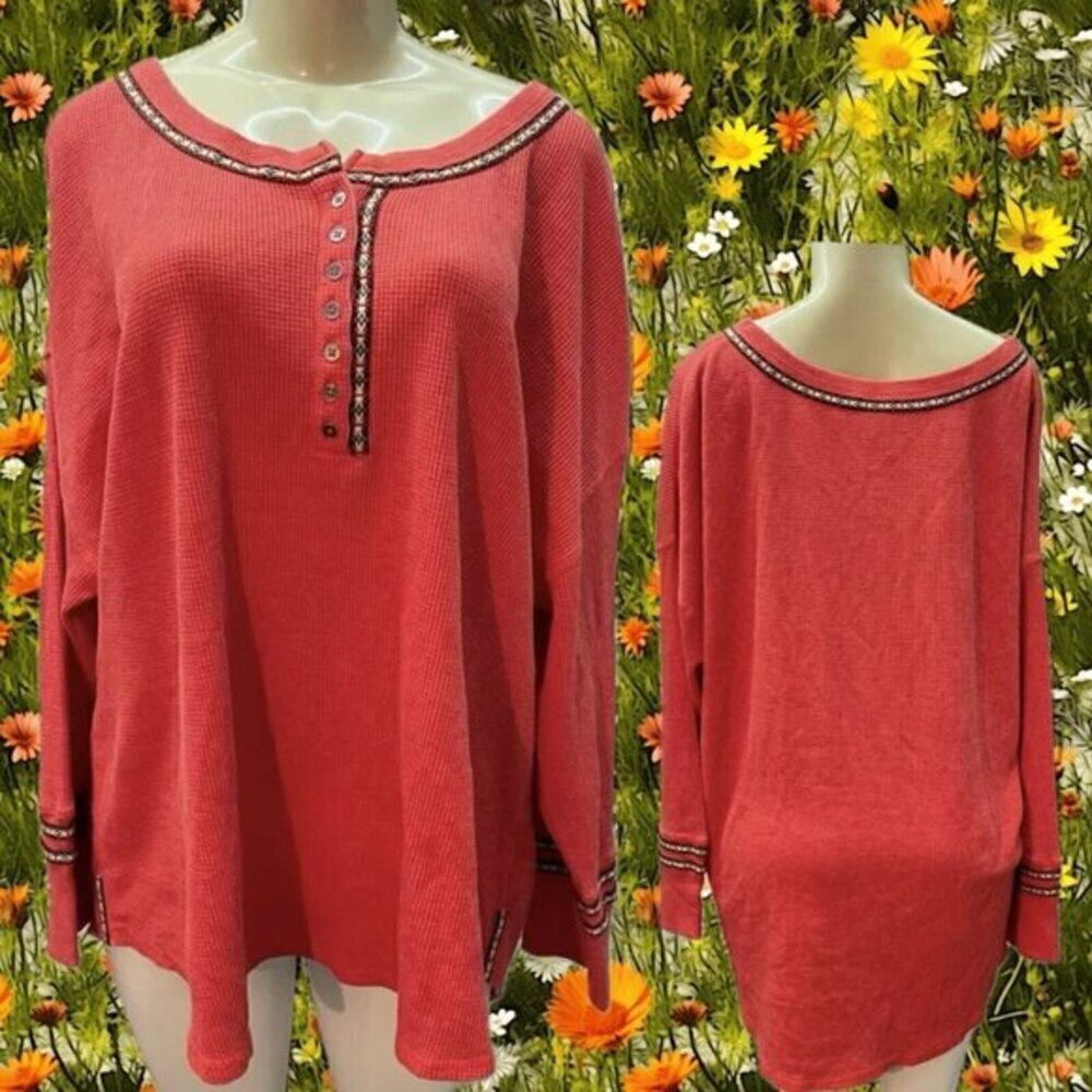 Woman Within +22/24 Autumn Blaze Button Neckline Waffle Knit Long Sleeve Top